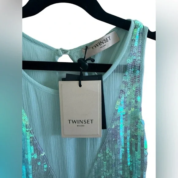 TWINSET Milano NWT Sequin Mesh Bow Tank Top Blouse Mint Green, Party, Sparkle S‍ - Picture 7 of 11